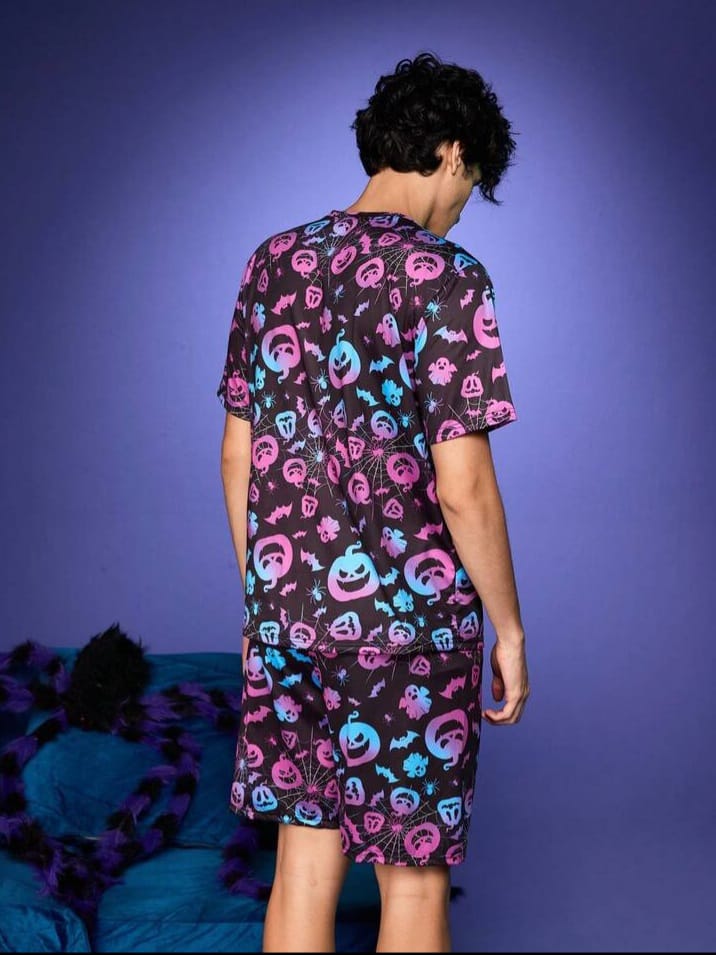 NIGHT-RIDER Halloween Colourful  Pumpkin, Demon, Ghost Face Glow-In-Dark Y2K Sleepwear Set